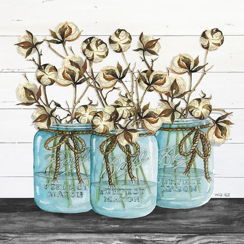 Blue Jars - Cotton Stems Black Modern Wood Framed Art Print with Double Matting by Jacobs, Cindy