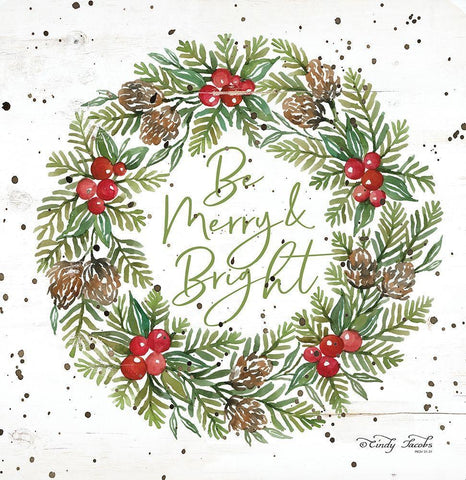 Be Merry and Bright Wreath White Modern Wood Framed Art Print with Double Matting by Jacobs, Cindy