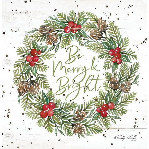 Be Merry and Bright Wreath White Modern Wood Framed Art Print by Jacobs, Cindy