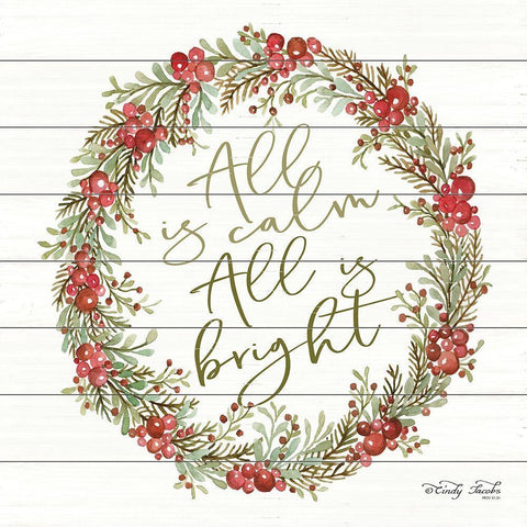 All is Calm Berry Wreath White Modern Wood Framed Art Print with Double Matting by Jacobs, Cindy