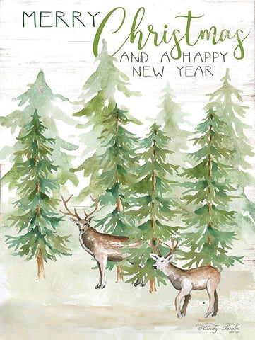 Merry Christmas and Happy New Year Deer White Modern Wood Framed Art Print with Double Matting by Jacobs, Cindy