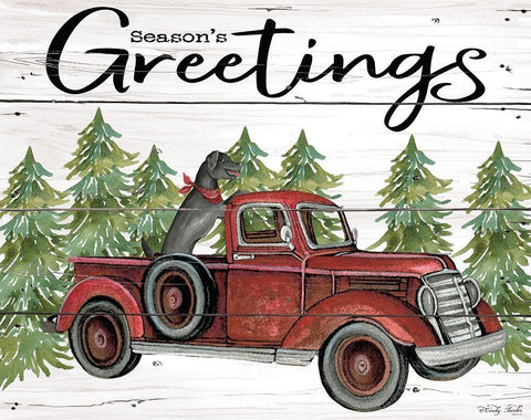 Seasons Greetings Red Truck White Modern Wood Framed Art Print with Double Matting by Jacobs, Cindy