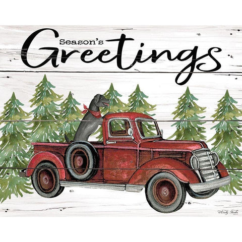 Seasons Greetings Red Truck Black Modern Wood Framed Art Print with Double Matting by Jacobs, Cindy