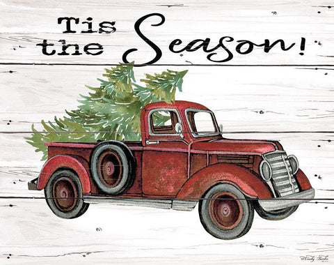 Tis the Season Red Truck White Modern Wood Framed Art Print with Double Matting by Jacobs, Cindy