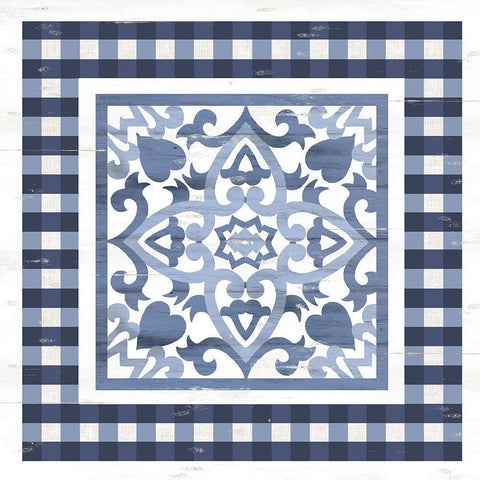 Ivey Blue And White Tile White Modern Wood Framed Art Print with Double Matting by Jacobs, Cindy