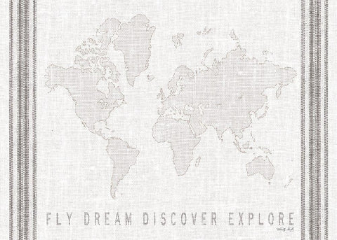 Fly, Dream, Discover, Explore Map     White Modern Wood Framed Art Print with Double Matting by Jacobs, Cindy