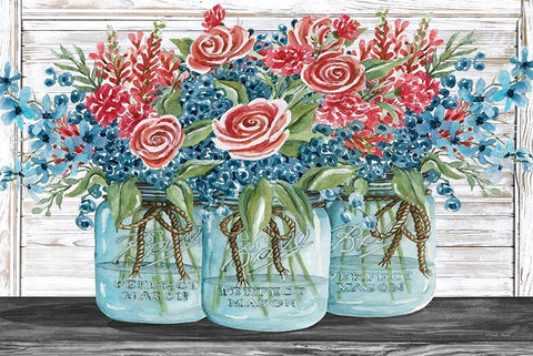 Red, White and Blue Jars with  White Flowers Black Ornate Wood Framed Art Print with Double Matting by Jacobs, Cindy