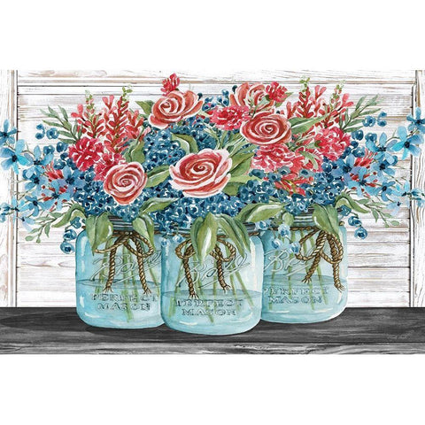 Red, White and Blue Jars with  White Flowers Black Modern Wood Framed Art Print by Jacobs, Cindy
