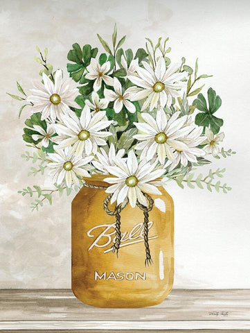 Gold Jar with White Flowers White Modern Wood Framed Art Print with Double Matting by Jacobs, Cindy