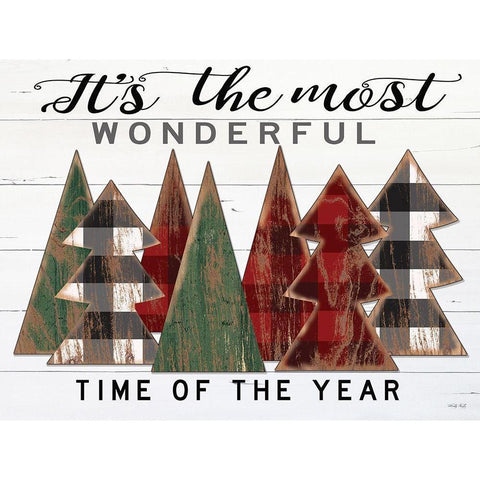 Its the Most Wonderful Time Plaid Trees White Modern Wood Framed Art Print by Jacobs, Cindy