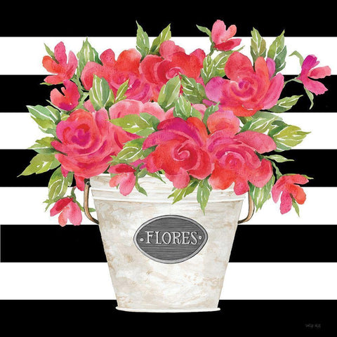 Fuchsia Flores Stripes White Modern Wood Framed Art Print by Jacobs, Cindy