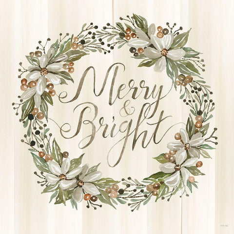 Sage Merry And Bright Wreath White Modern Wood Framed Art Print by Jacobs, Cindy