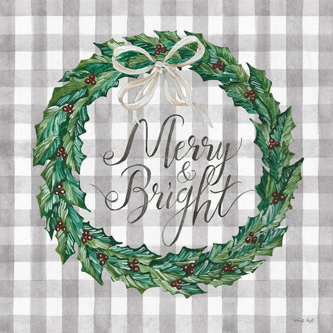 Merry and Bright Wreath White Modern Wood Framed Art Print with Double Matting by Jacobs, Cindy