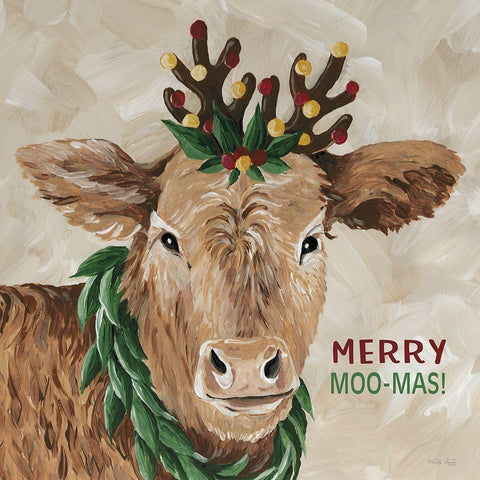 Merry Moo-mas White Modern Wood Framed Art Print by Jacobs, Cindy