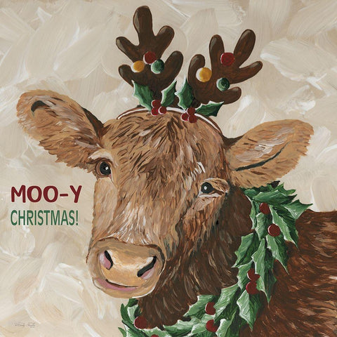 Moo-y Christmas White Modern Wood Framed Art Print with Double Matting by Jacobs, Cindy