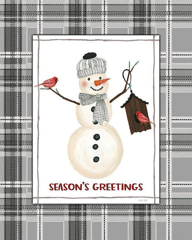 Seasons Greetings Snowman Black Ornate Wood Framed Art Print with Double Matting by Jacobs, Cindy