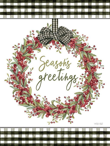 Seasons Greetings Wreath Black Ornate Wood Framed Art Print with Double Matting by Jacobs, Cindy