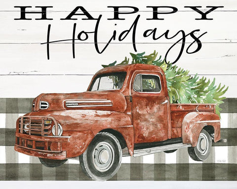 Happy Holidays Truck Black Ornate Wood Framed Art Print with Double Matting by Jacobs, Cindy