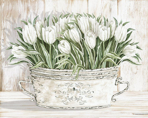 Tulips in White Chipped Pail Black Ornate Wood Framed Art Print with Double Matting by Jacobs, Cindy