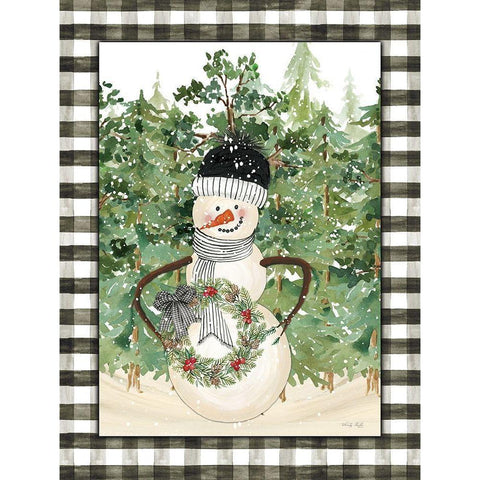 Snowman with Wreath   Black Modern Wood Framed Art Print with Double Matting by Jacobs, Cindy