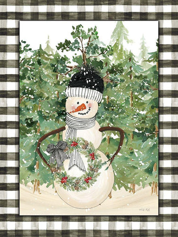 Snowman with Wreath   Black Ornate Wood Framed Art Print with Double Matting by Jacobs, Cindy