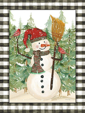 Snowman with Cardinals   Black Ornate Wood Framed Art Print with Double Matting by Jacobs, Cindy