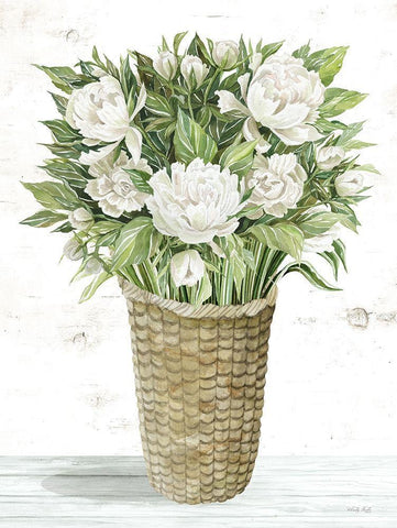 Peony Basket White Modern Wood Framed Art Print with Double Matting by Jacobs, Cindy