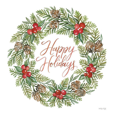 Happy Holidays Wreath      White Modern Wood Framed Art Print with Double Matting by Jacobs, Cindy