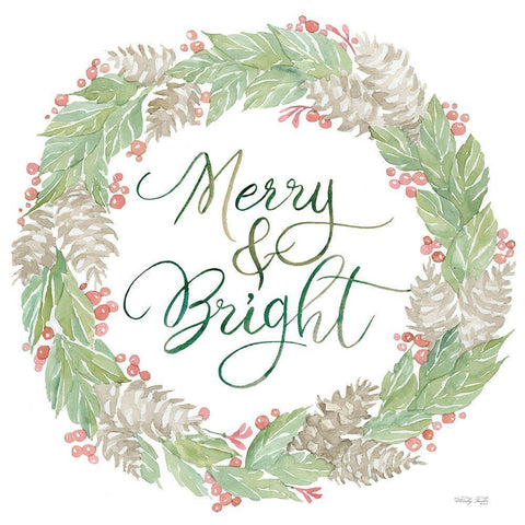 Merry And Bright Wreath White Modern Wood Framed Art Print with Double Matting by Jacobs, Cindy