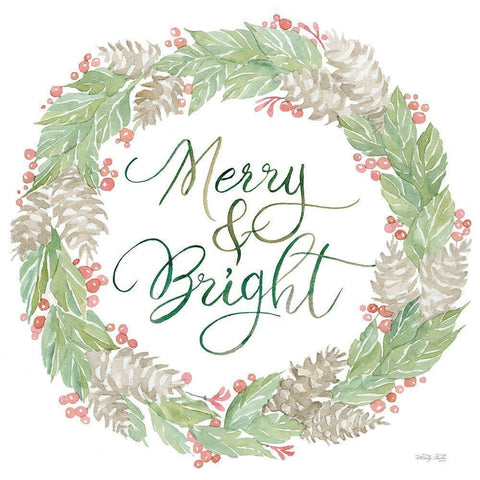 Merry And Bright Wreath White Modern Wood Framed Art Print by Jacobs, Cindy