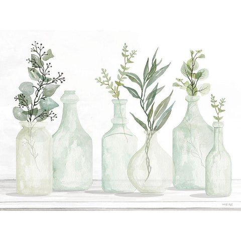 Bottles and Greenery I Black Modern Wood Framed Art Print with Double Matting by Jacobs, Cindy