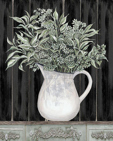 Sage Greenery in a Pitcher Black Ornate Wood Framed Art Print with Double Matting by Jacobs, Cindy