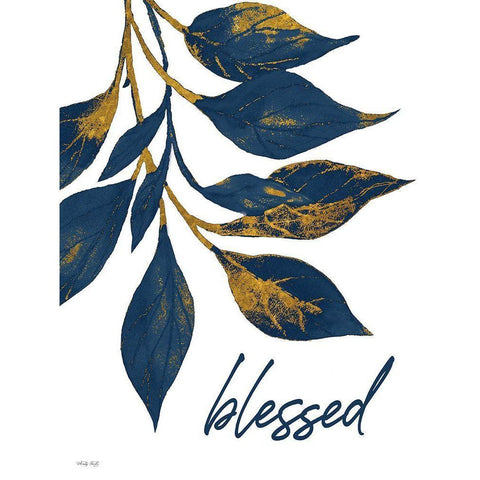 Blessed Navy Gold Leaves Gold Ornate Wood Framed Art Print with Double Matting by Jacobs, Cindy