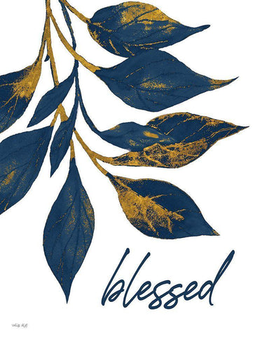 Blessed Navy Gold Leaves White Modern Wood Framed Art Print with Double Matting by Jacobs, Cindy