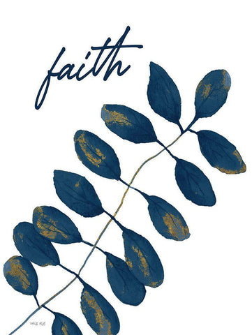 Faith Navy Gold Leaves White Modern Wood Framed Art Print with Double Matting by Jacobs, Cindy