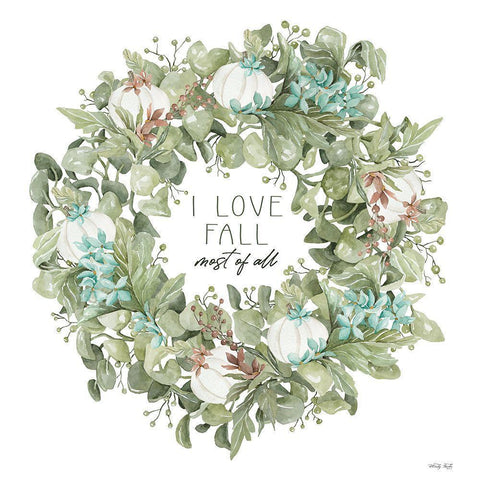 I Love Fall Wreath White Modern Wood Framed Art Print by Jacobs, Cindy