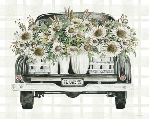 Sunflower Truck White Modern Wood Framed Art Print with Double Matting by Jacobs, Cindy
