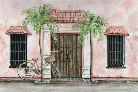 Palms and Bike Black Ornate Wood Framed Art Print with Double Matting by Jacobs, Cindy