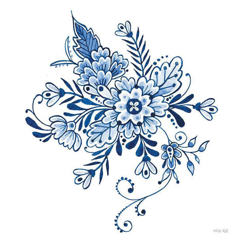 Blue And White Flowers Black Ornate Wood Framed Art Print with Double Matting by Jacobs, Cindy