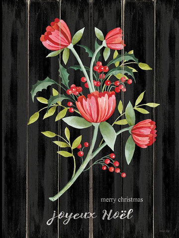 Merry Christmas Floral Black Ornate Wood Framed Art Print with Double Matting by Jacobs, Cindy