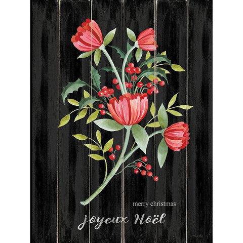 Merry Christmas Floral Black Modern Wood Framed Art Print by Jacobs, Cindy