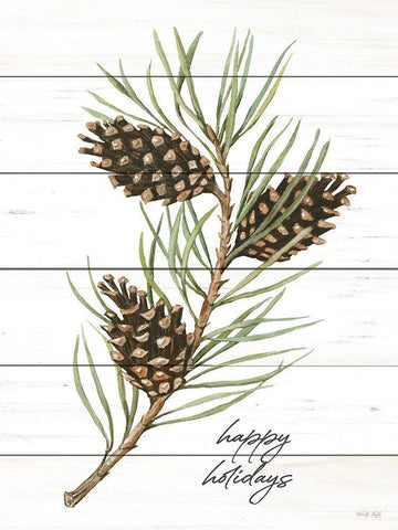 Happy Holidays Pine Cones Black Ornate Wood Framed Art Print with Double Matting by Jacobs, Cindy