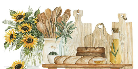 Tuscan Bread Board with Sunflowers White Modern Wood Framed Art Print with Double Matting by Jacobs, Cindy
