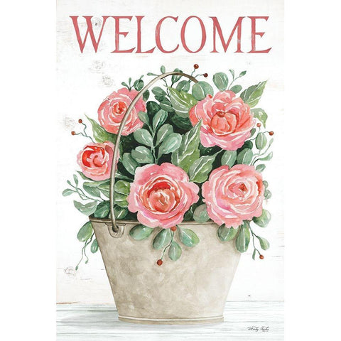 Welcome Roses in Pail White Modern Wood Framed Art Print by Jacobs, Cindy