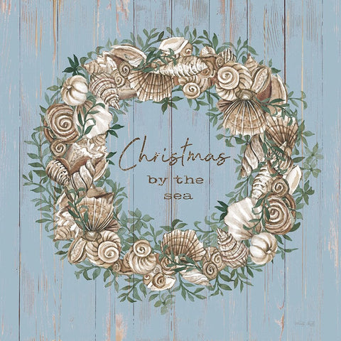 Christmas by the Sea Wreath Black Ornate Wood Framed Art Print with Double Matting by Jacobs, Cindy