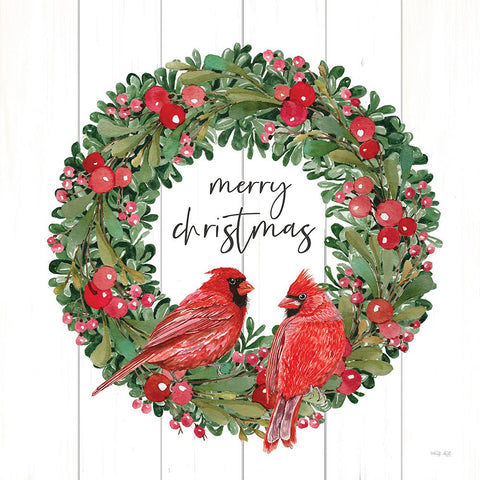 Merry Christmas Cardinal Wreath White Modern Wood Framed Art Print with Double Matting by Jacobs, Cindy