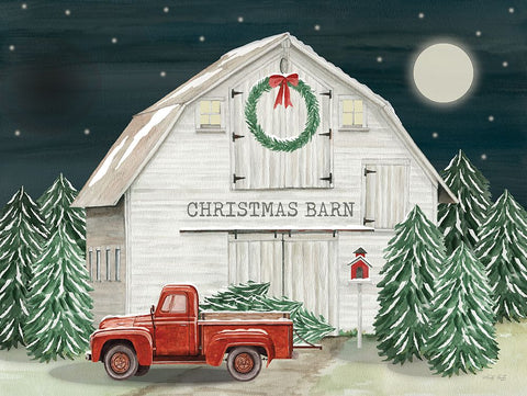 Starry Night Christmas Barn White Modern Wood Framed Art Print with Double Matting by Jacobs, Cindy