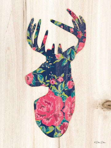 Floral Deer Black Ornate Wood Framed Art Print with Double Matting by Dee Dee