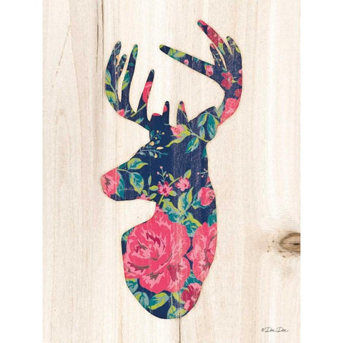 Floral Deer Black Modern Wood Framed Art Print by Dee Dee