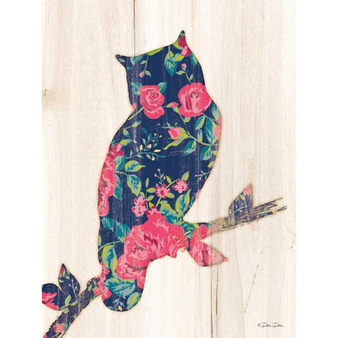 Floral Owl Black Modern Wood Framed Art Print with Double Matting by Dee Dee
